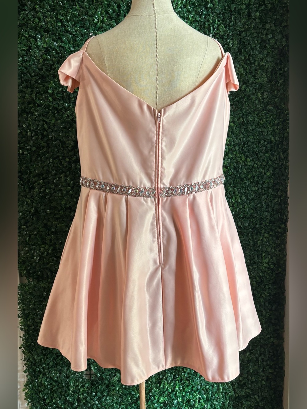 Vintage 90s Pink Satin Homecoming Dress Rhinestone Waist Off Shoulder - Picture 2 of 7